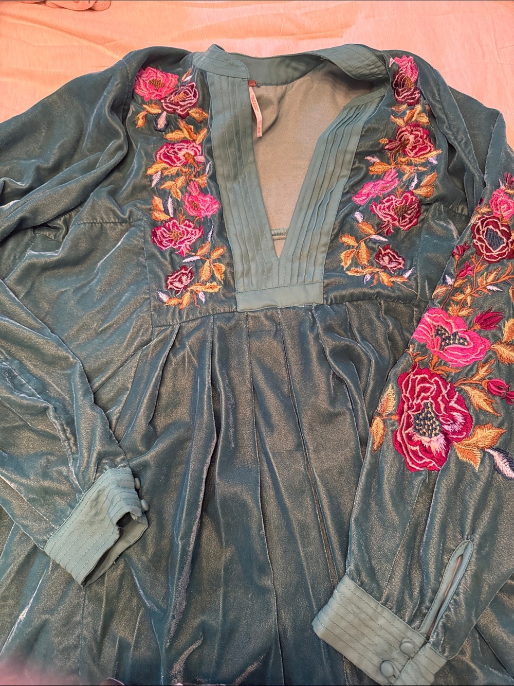 Teal Velvet Embroidered free people Peasant Blouse - Picture 2 of 2
